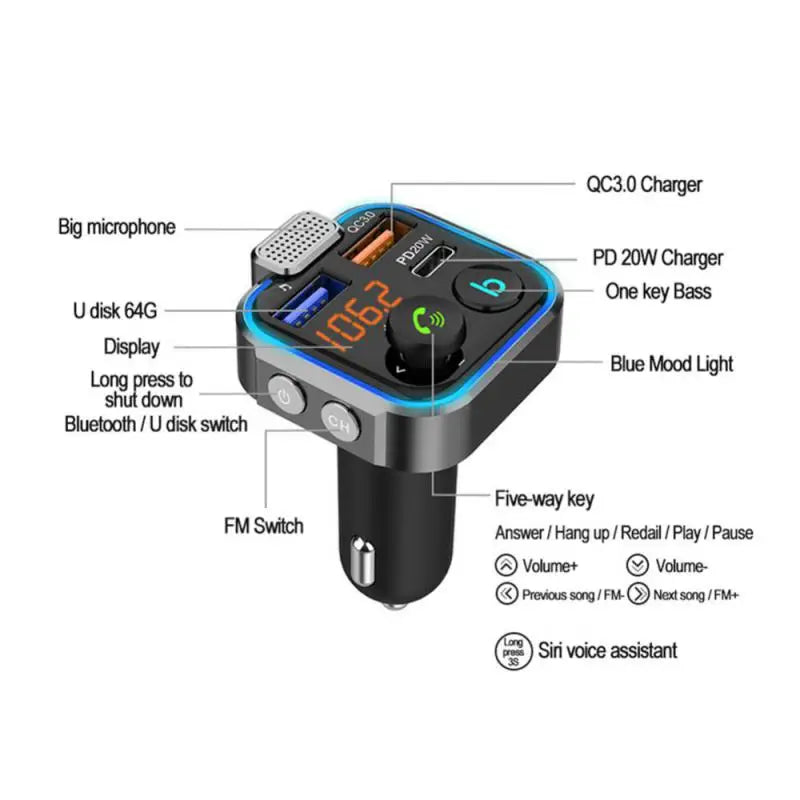 Bluetooth 5.0 FM Transmitter & Fast Charger