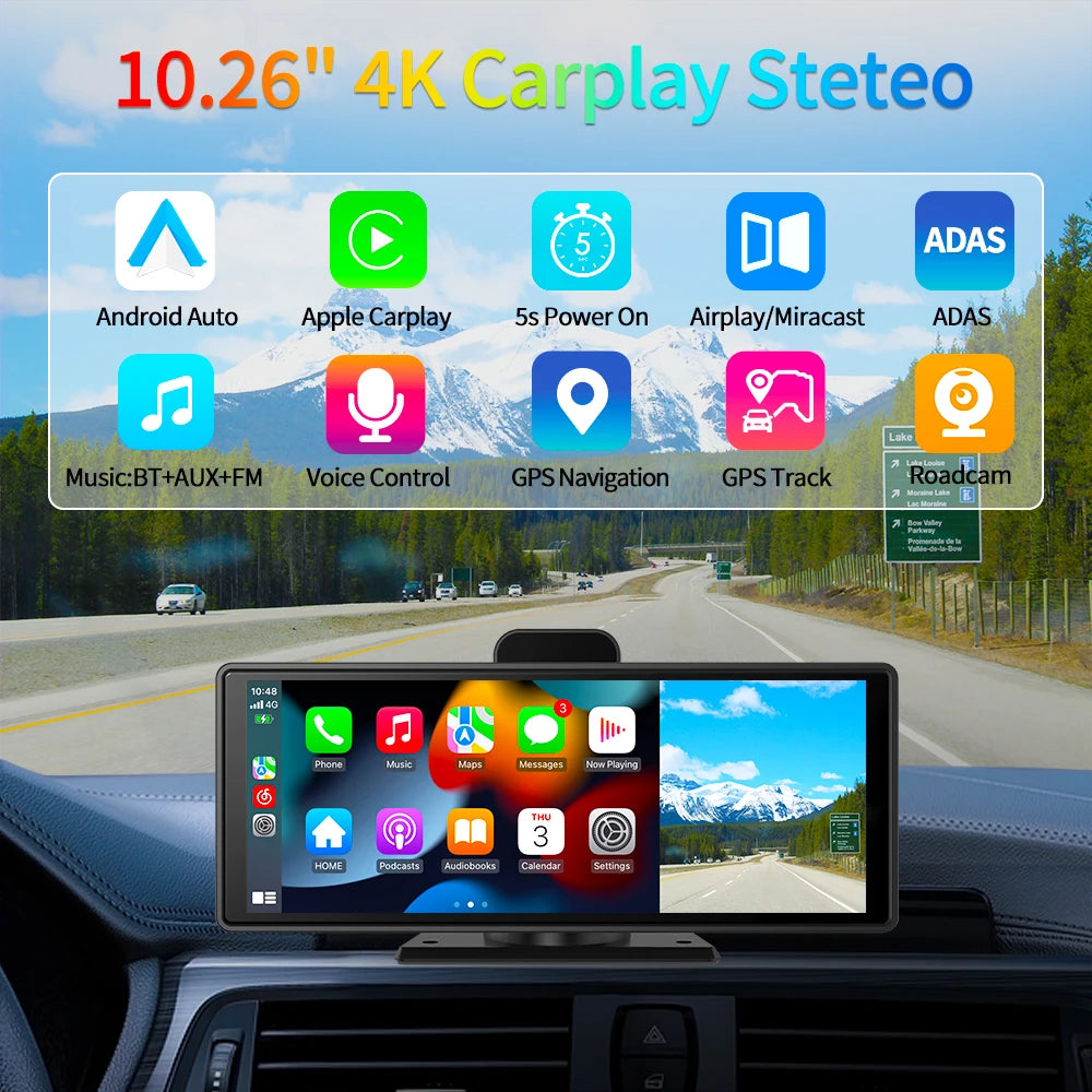 4K Dash Cam with ADAS, Wireless CarPlay & Android Auto